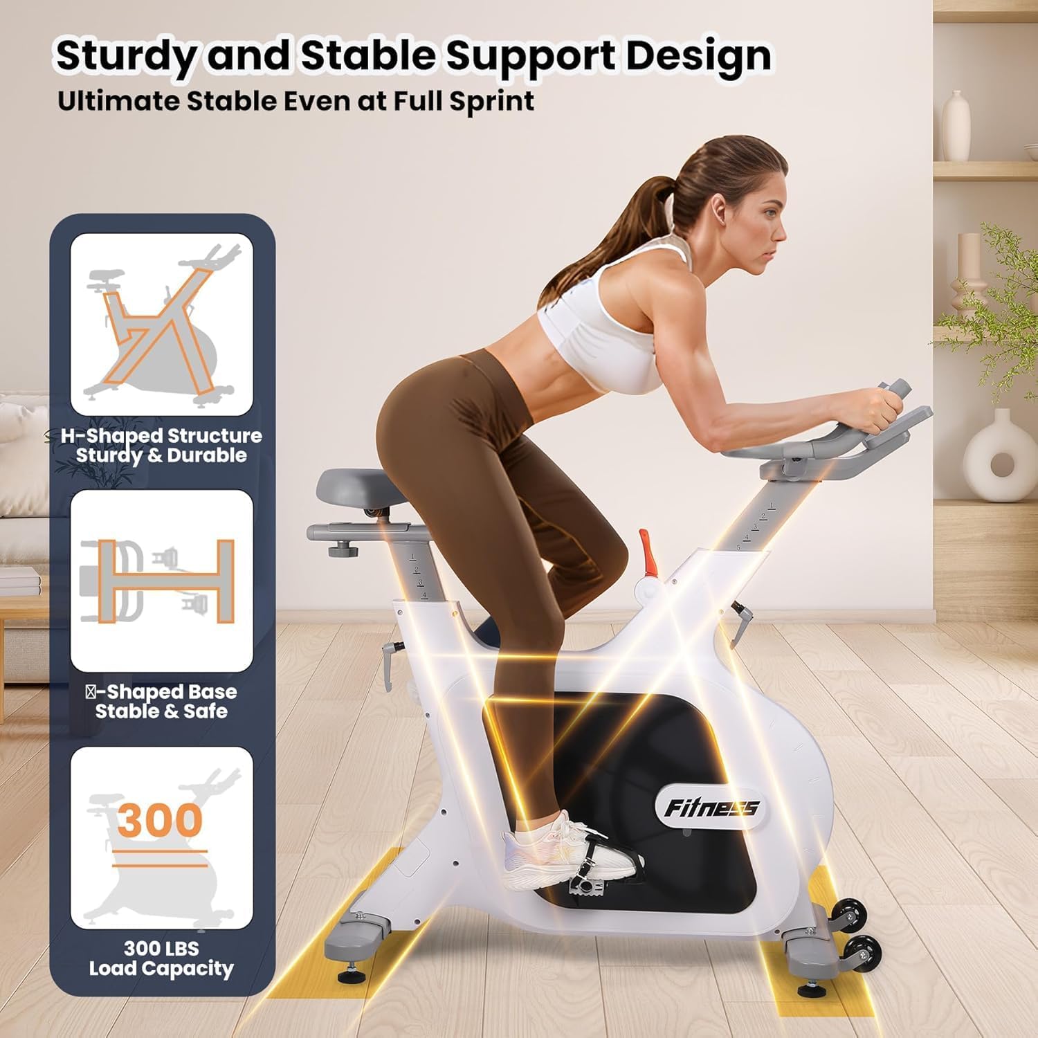Smartvoro EliteRide indoor cycling bike H-shaped sturdy frame X-shaped stable base 300 LBS load capacity full sprint stability