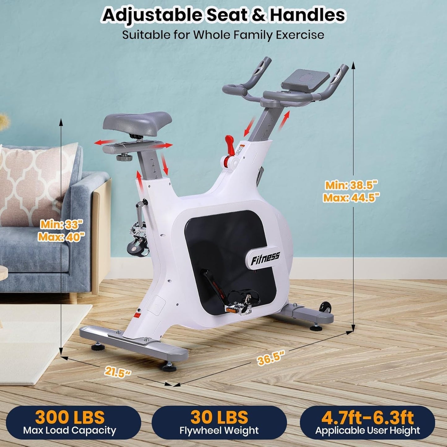 Smartvoro EliteRide spin bike dimensions 36.5 x 21.5 inches 300 LBS capacity 30 LBS flywheel fits user height 4.7 to 6.3 feet
