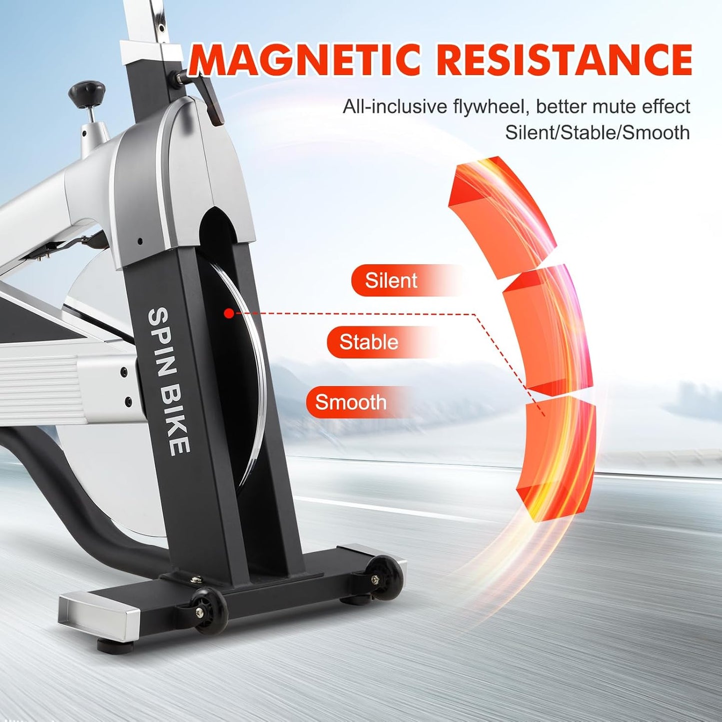 Smartvoro ProRide exercise bike infinite speed regulation resistance dial from warm up 0-25 percent to standing climb ride 80-100 percent
