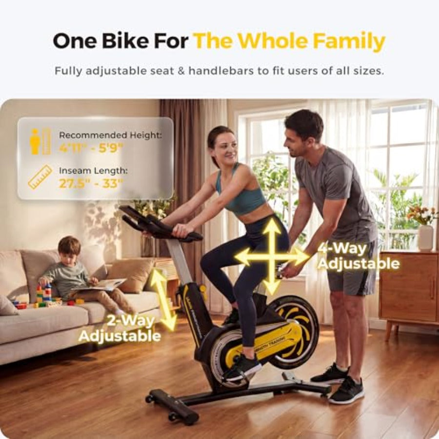 Smartvoro cycling exercise bike full view black yellow precision rear flywheel design with device holder for home gym

