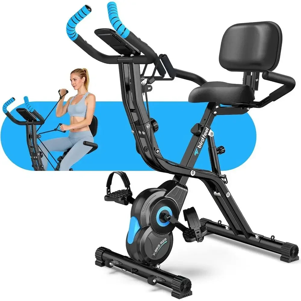 Smartvoro folding exercise bike LCD monitor showing real-time time speed distance calories with heart rate sensors and mobile device holder

