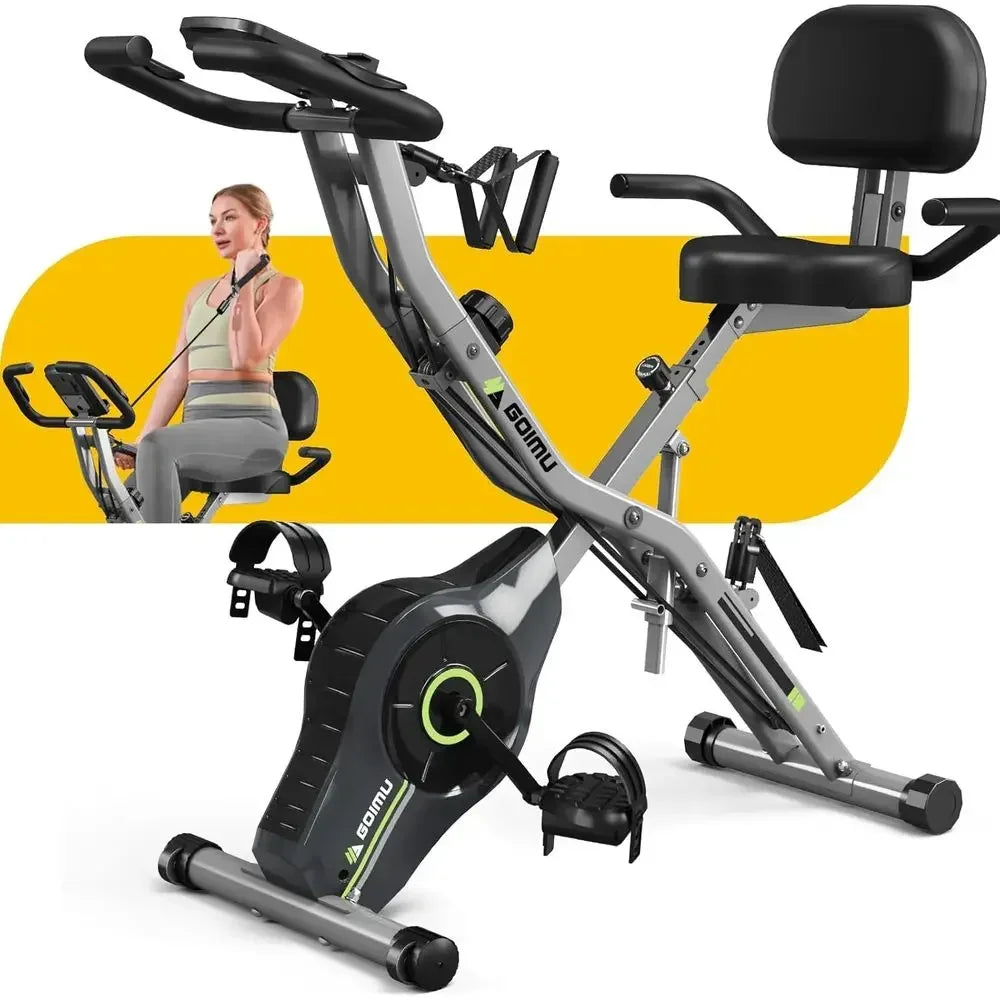 Smartvoro folding exercise bike three configurations recumbent 34.7 inches upright 28 inches folded storage 14.2 inches
