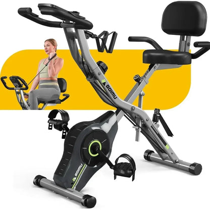 Smartvoro folding exercise bike three configurations recumbent 34.7 inches upright 28 inches folded storage 14.2 inches
