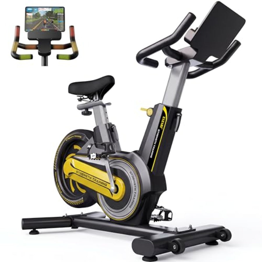 Smartvoro indoor cycling exercise bike compact dimensions 50.2 x 21.9 inches adjustable seat and handlebars for home use

