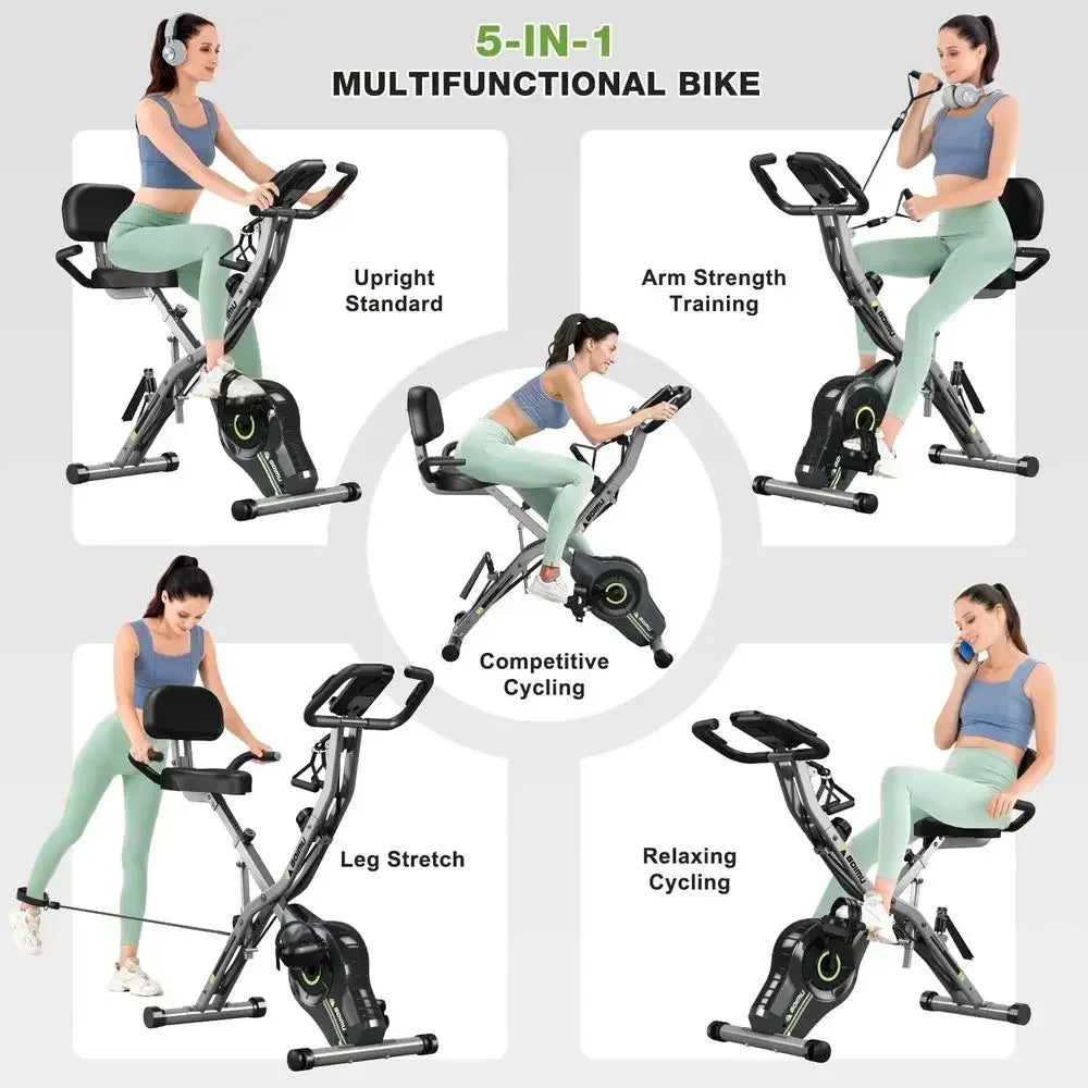 Smartvoro multifunctional exercise bike showing 5 workout modes upright cycling arm strength training competitive cycling leg stretch and relaxing cycling
