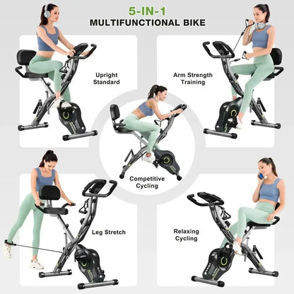 Smartvoro multifunctional exercise bike showing 5 workout modes upright cycling arm strength training competitive cycling leg stretch and relaxing cycling
