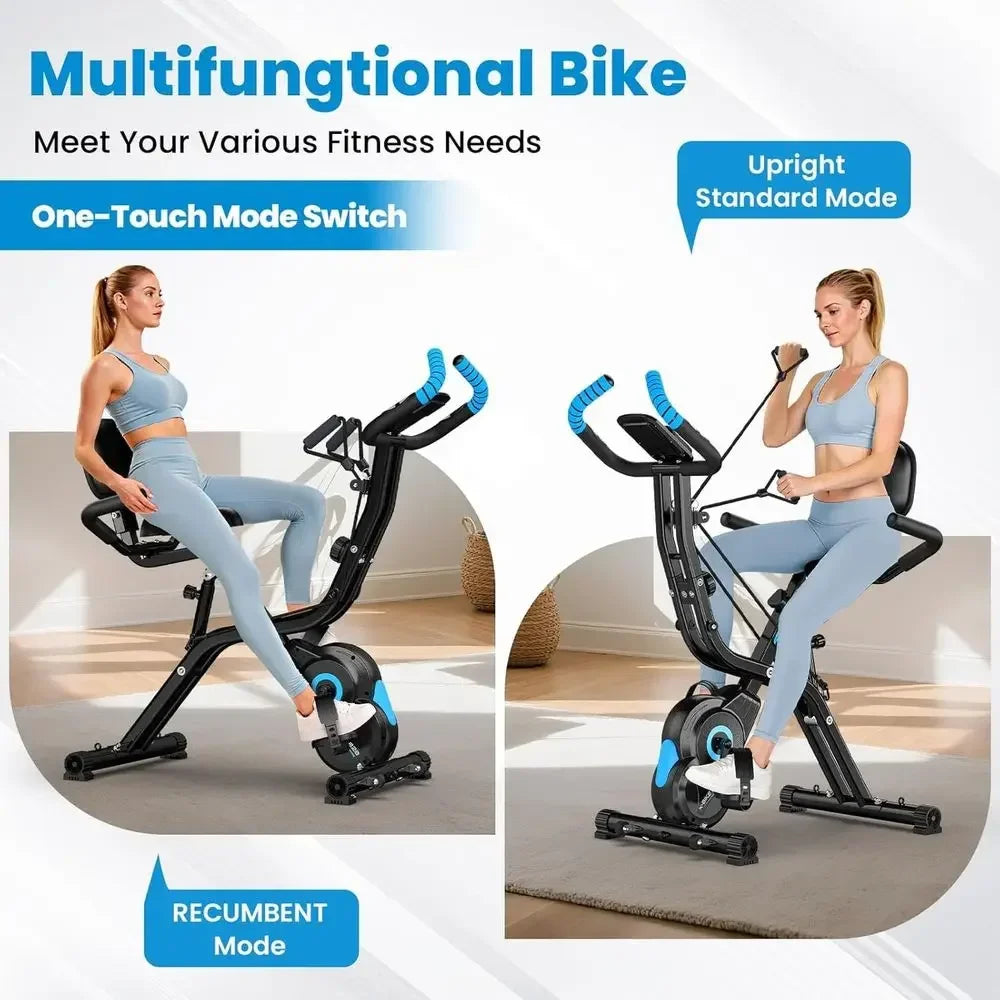 Smartvoro multifunctional exercise bike showing recumbent mode and upright standard mode with one-touch mode switch
