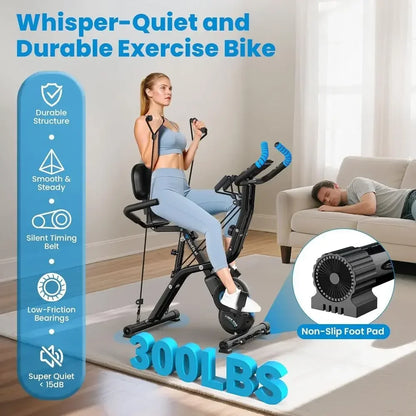 Smartvoro whisper-quiet foldable exercise bike 300 LBS capacity silent timing belt low-friction bearings non-slip foot pad under 15dB
