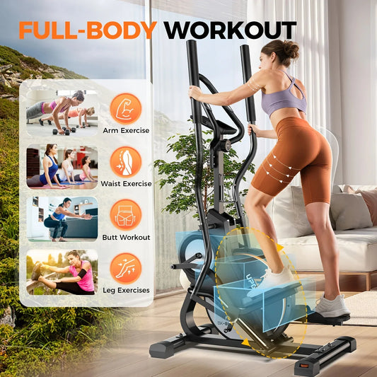 Woman using SmartVoro Smart app-connected elliptical machine – best electric elliptical exercise machine for guided workout programs and weight loss