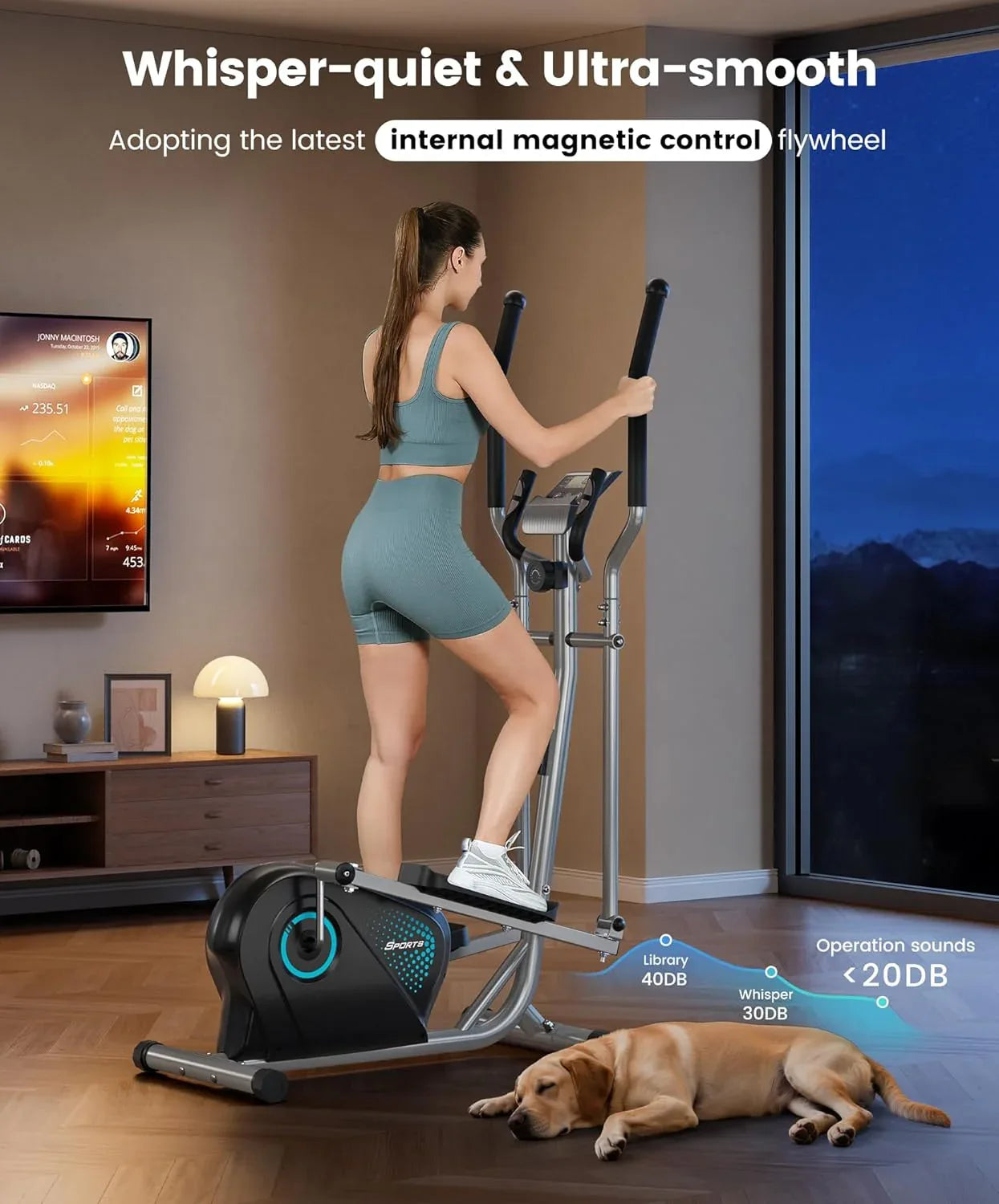 Woman using SmartVoro compact elliptical exercise machine for home – best elliptical machine for weight loss and low impact full body cardio workout