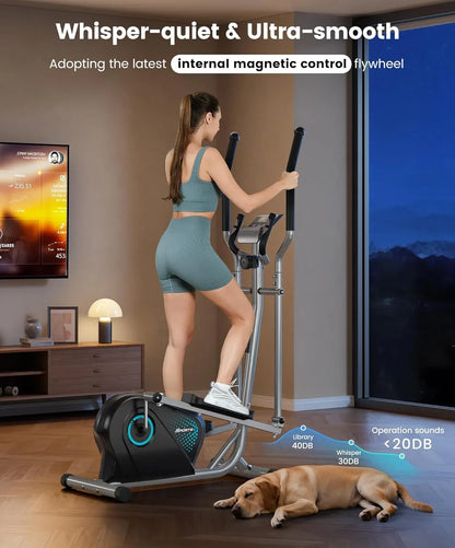 Woman using SmartVoro compact elliptical exercise machine for home – best elliptical machine for weight loss and low impact full body cardio workout