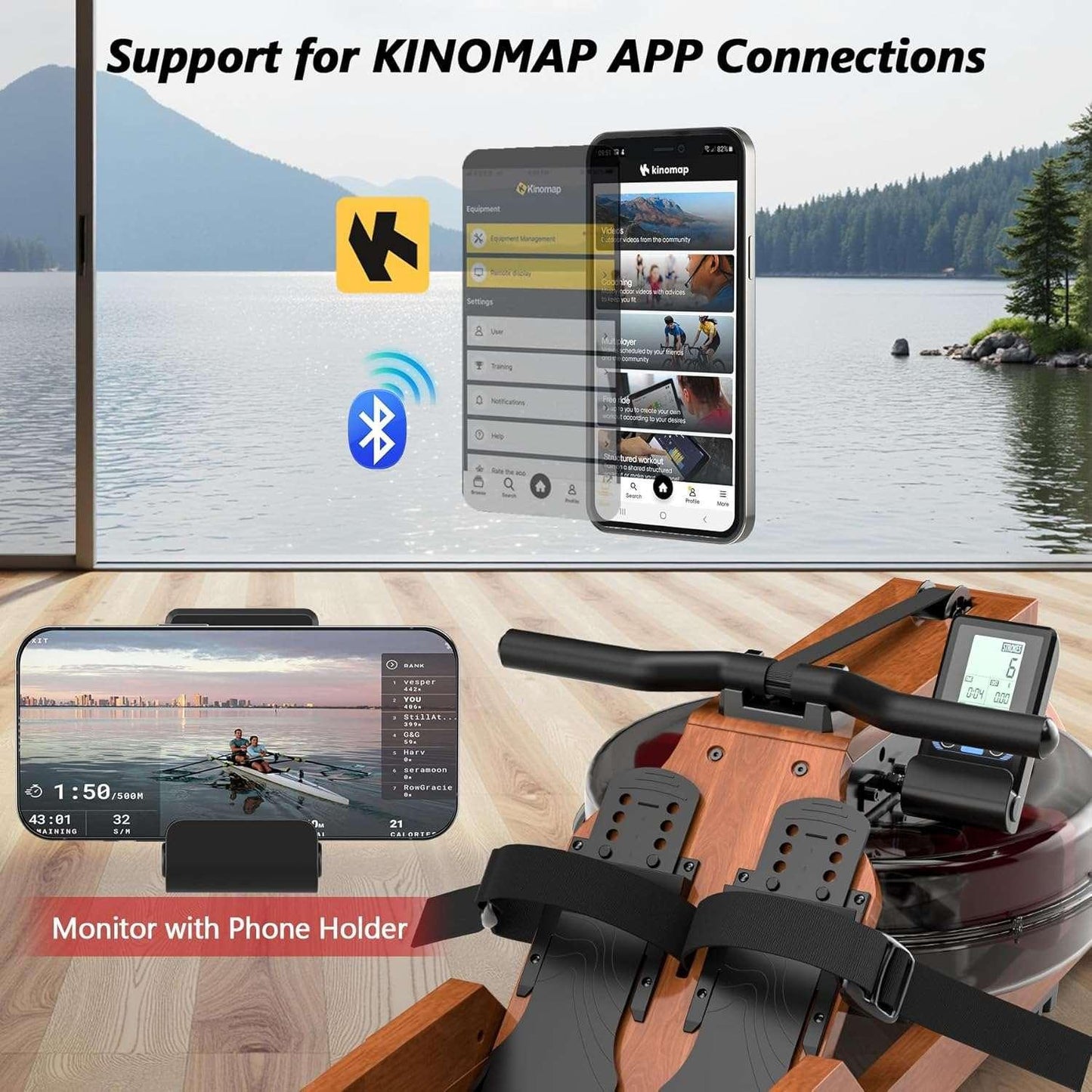 Alt Text: SmartVoro wooden rowing machine with water resistance, foldable design for space-saving, and smart LCD monitor for professional home workouts.