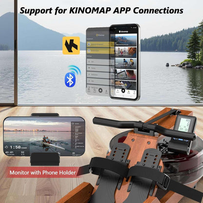 Alt Text: SmartVoro wooden rowing machine with water resistance, foldable design for space-saving, and smart LCD monitor for professional home workouts.