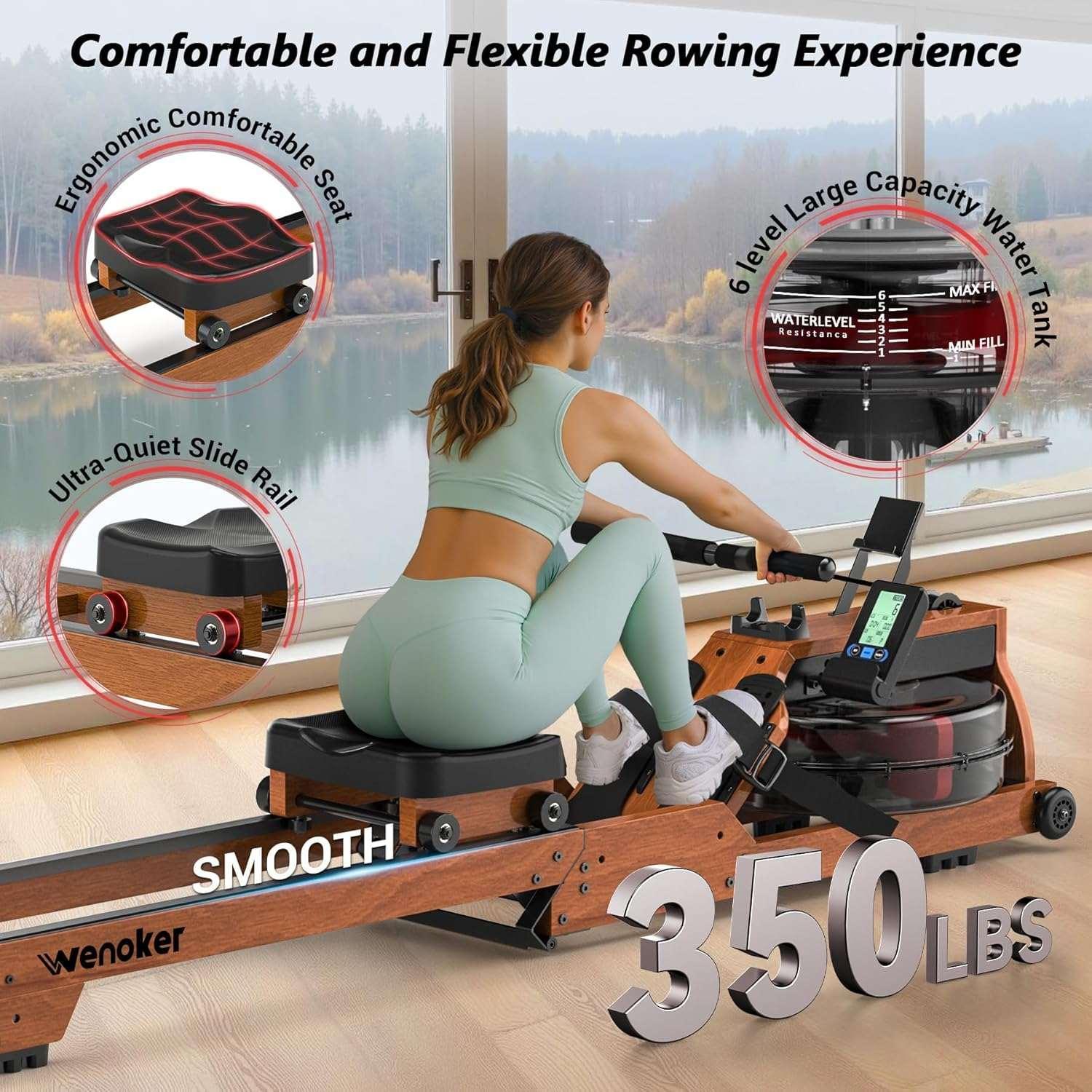 best SmartVoro wooden rowing machine with water resistance, foldable design for space-saving, and smart LCD monitor for professional home workouts.