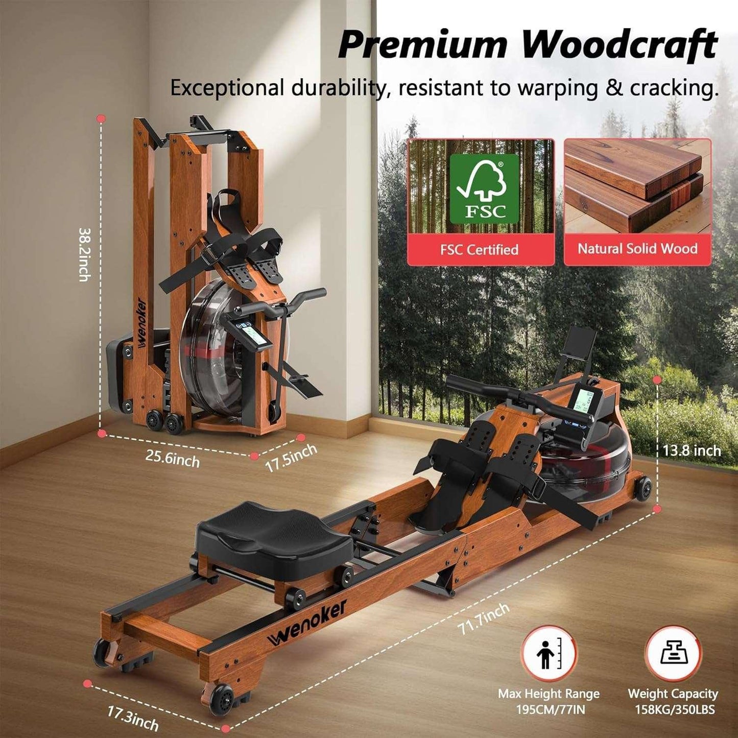 best SmartVoro wooden rowing machine with water resistance, foldable design for space-saving, and smart LCD monitor for professional home workouts.