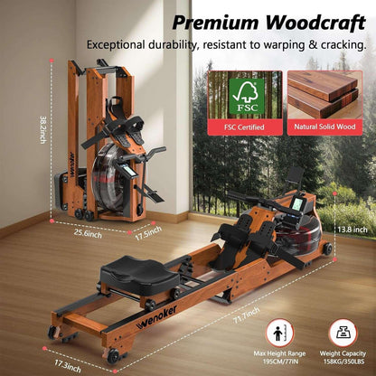 best SmartVoro wooden rowing machine with water resistance, foldable design for space-saving, and smart LCD monitor for professional home workouts.