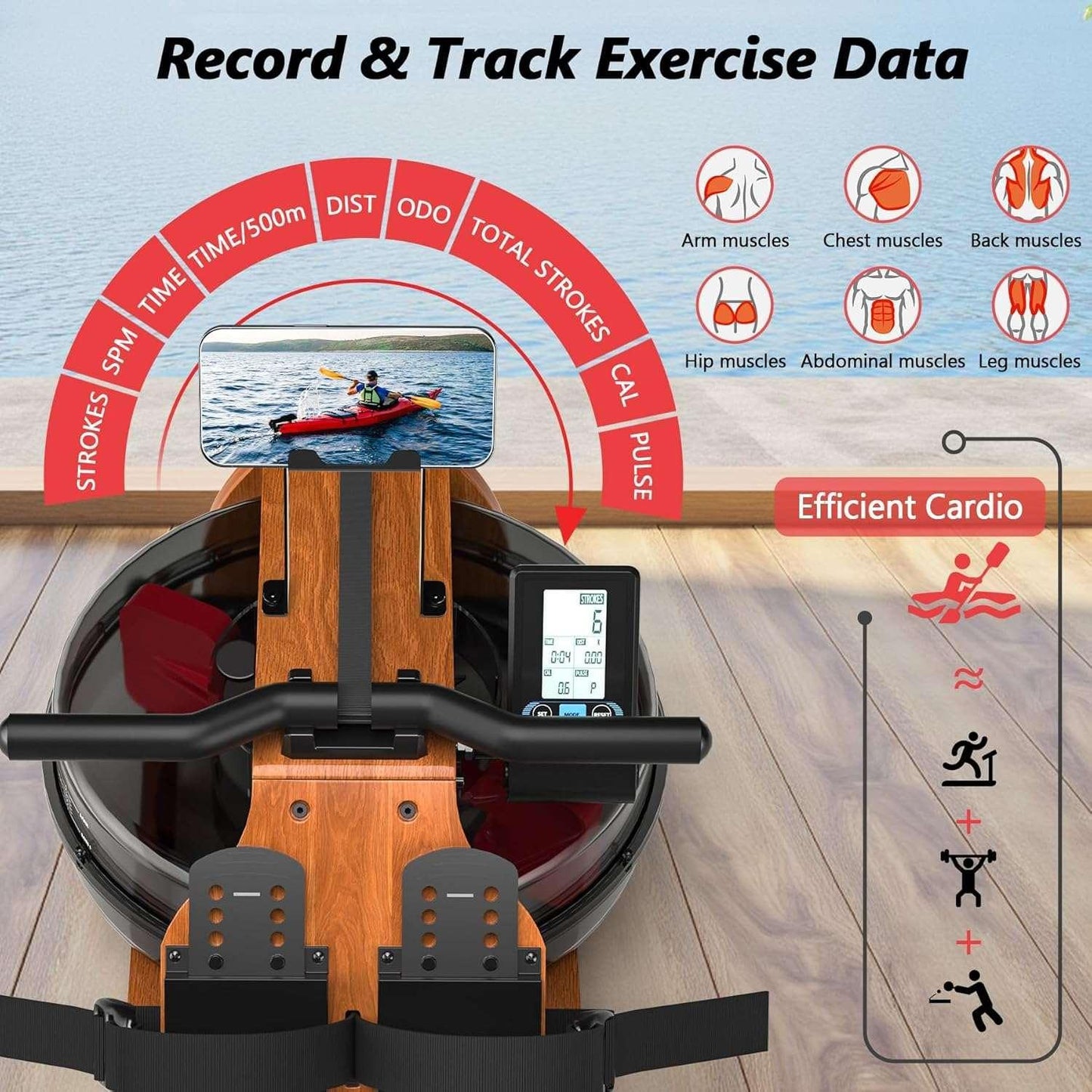 best SmartVoro wooden rowing machine with water resistance, foldable design for space-saving, and smart LCD monitor for professional home workouts.