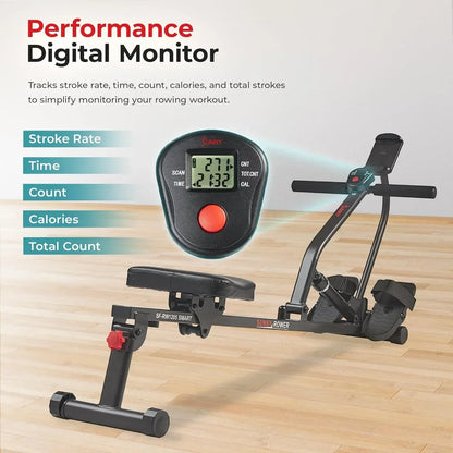 SmartVoro SF-RW1205 Smart hydraulic rowing machine for home gym, compact seated row machine with Bluetooth connectivity for fitness tracking.