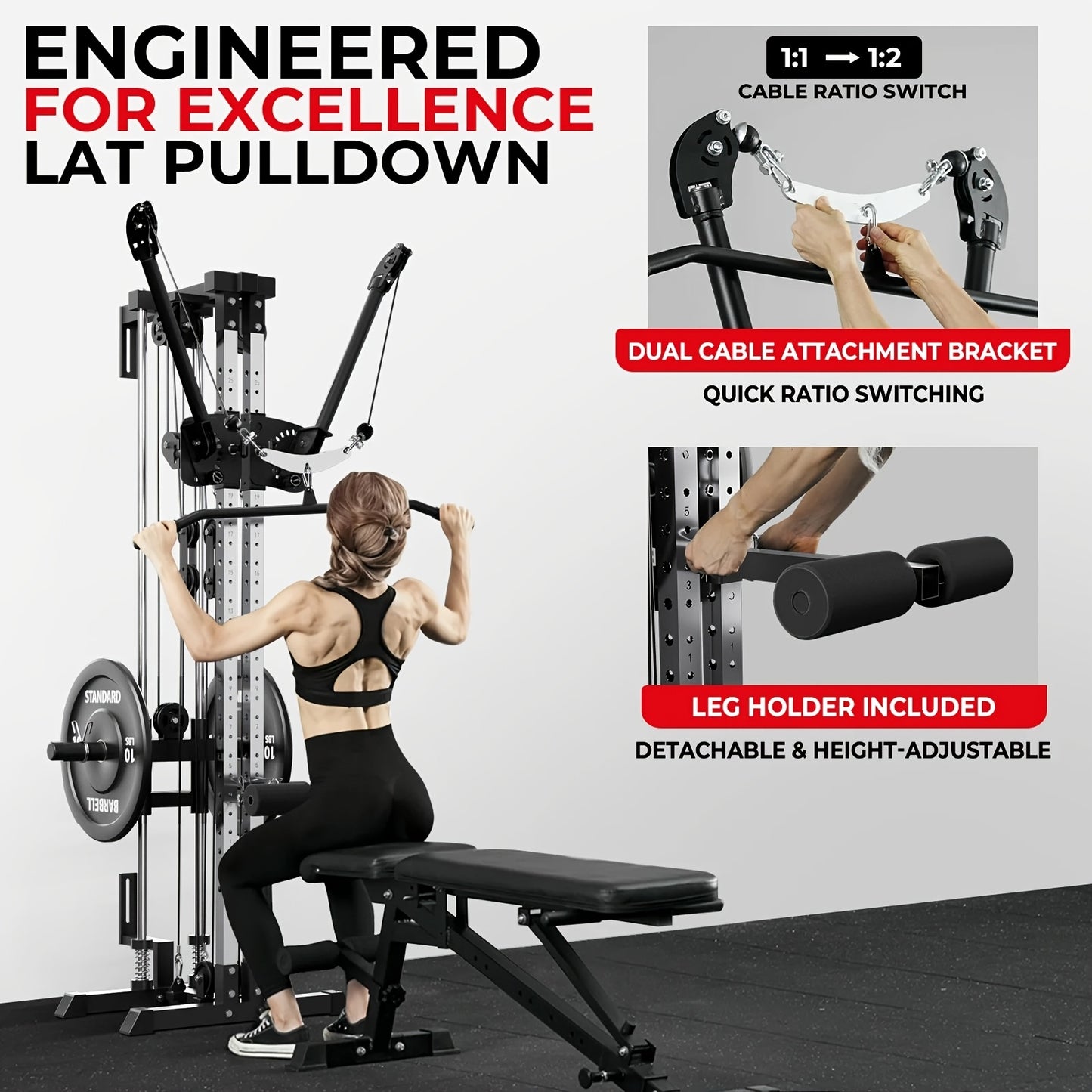 SmartVoro dual upright cable crossover machine full package showing 400 pound weight capacity 45 plus cable training exercises and all included attachments lat bar straight bar D handles curved bar spring clips and carabiners