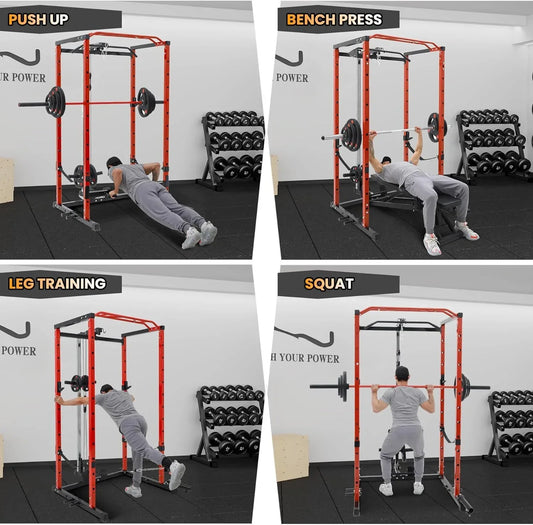 heavy duty power rack with pulley system and attachments for full body workouts