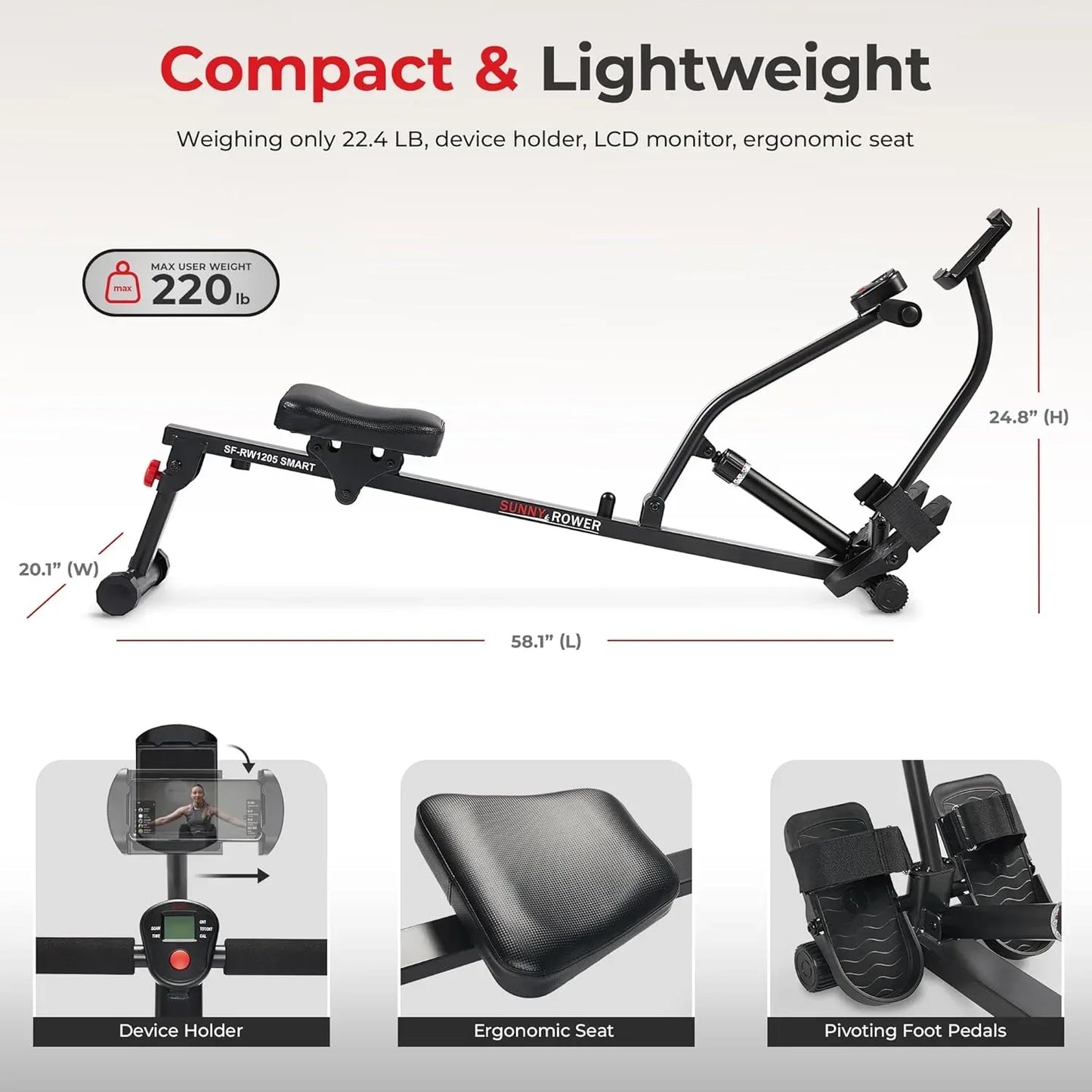 SmartVoro SF-RW1205 Smart hydraulic rowing machine for home gym, compact seated row machine with Bluetooth connectivity for fitness tracking.