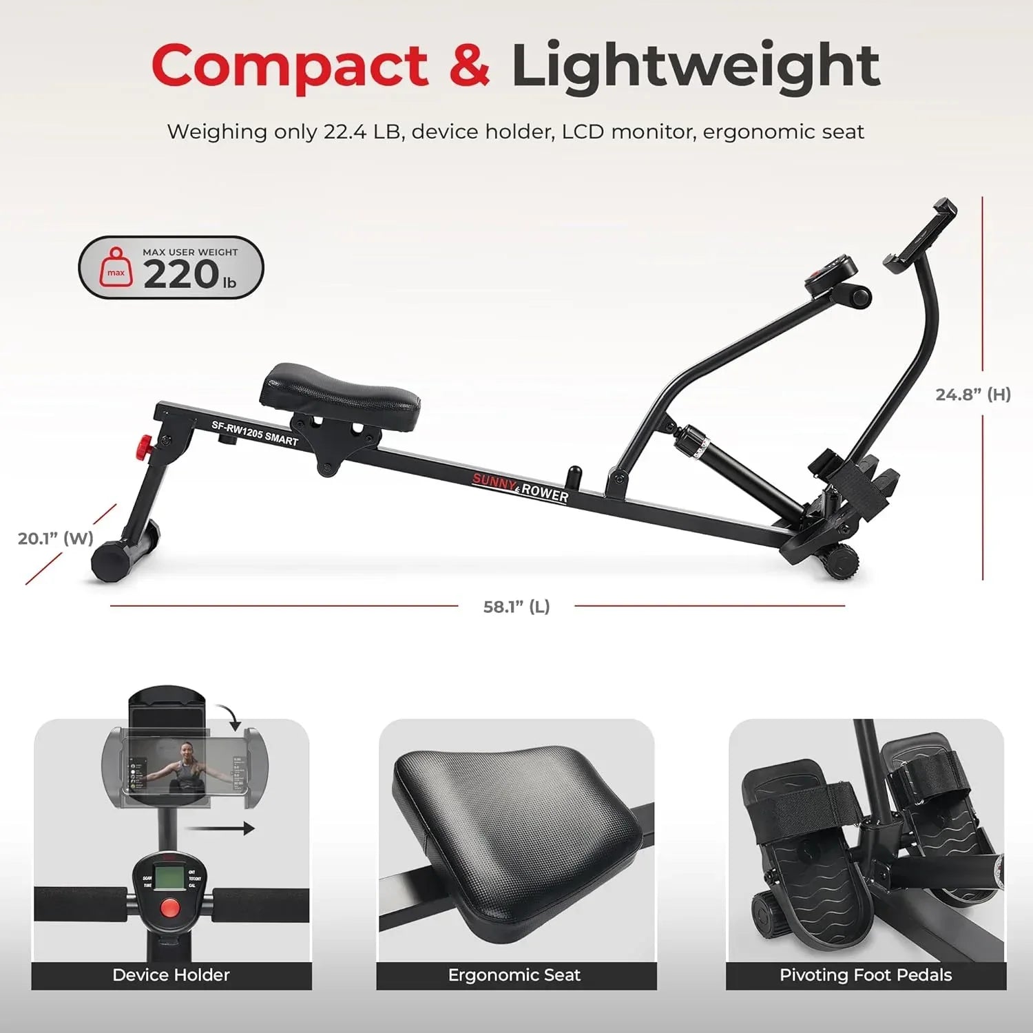 SmartVoro SF-RW1205 Smart hydraulic rowing machine for home gym, compact seated row machine with Bluetooth connectivity for fitness tracking.