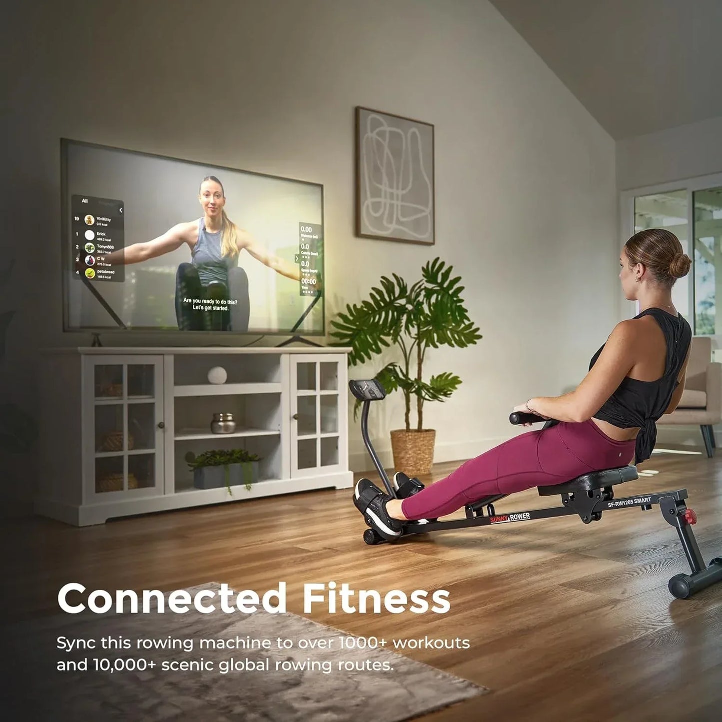 SmartVoro SF-RW1205 Smart hydraulic rowing machine for home gym, compact seated row machine with Bluetooth connectivity for fitness tracking.
