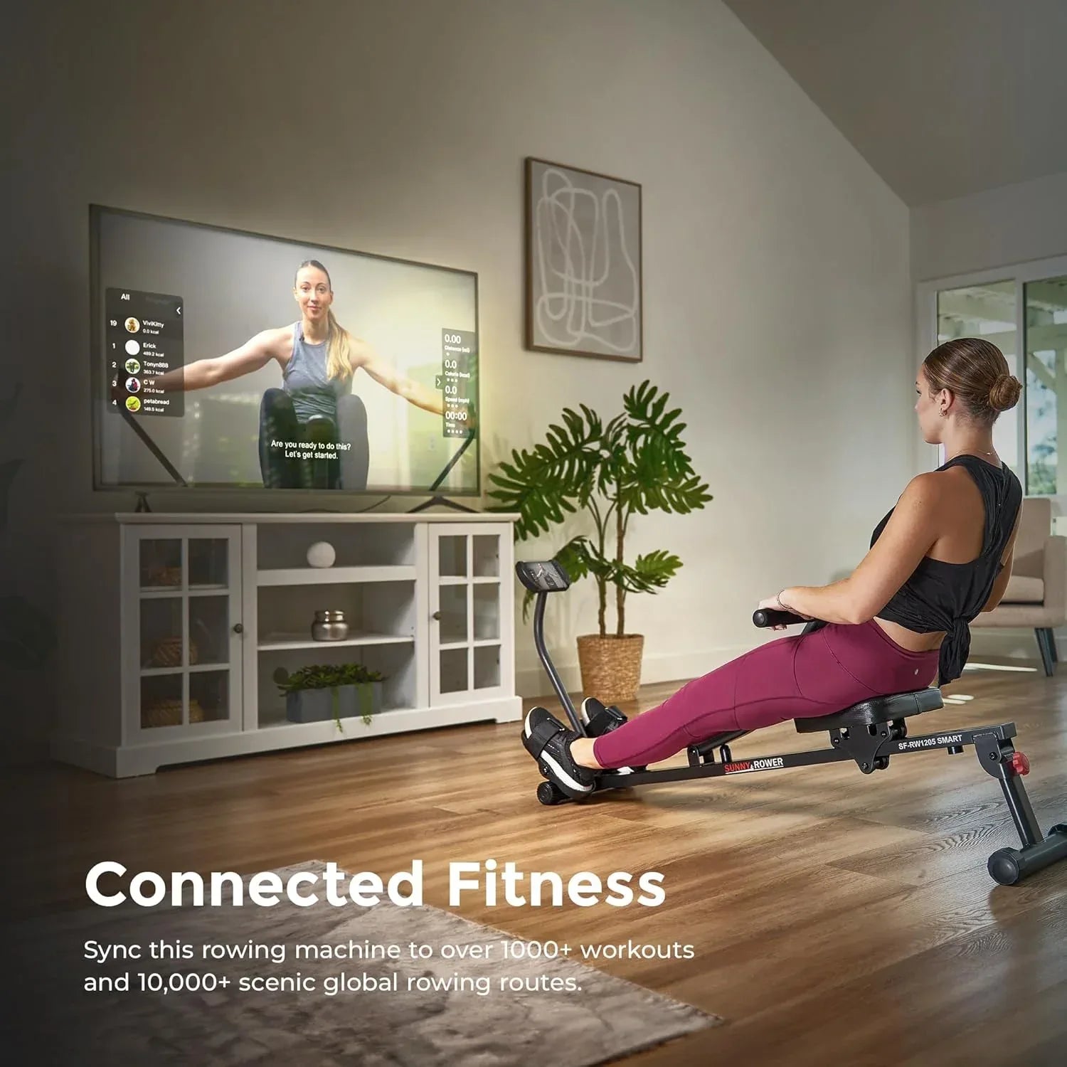 SmartVoro SF-RW1205 Smart hydraulic rowing machine for home gym, compact seated row machine with Bluetooth connectivity for fitness tracking.