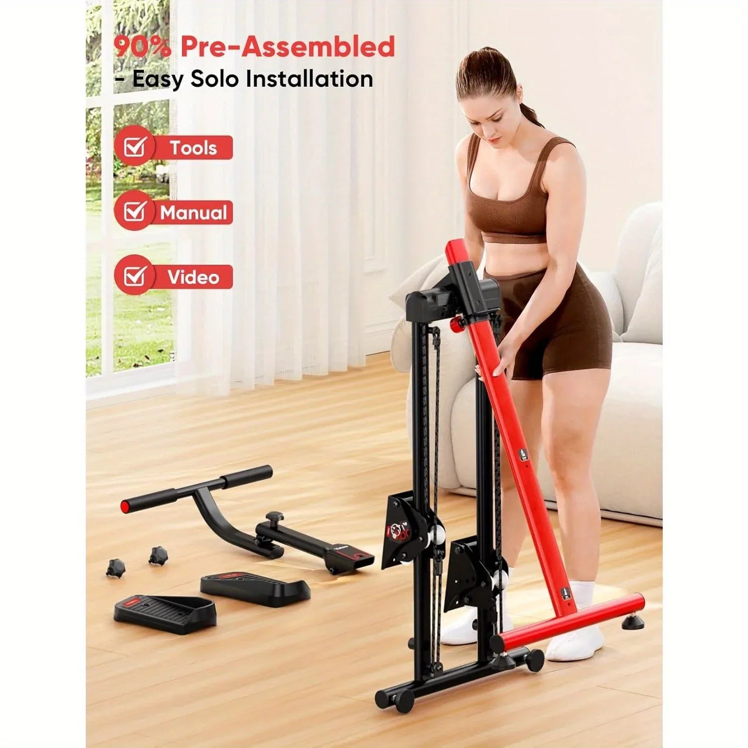 SmartVoro™ best foldable stair stepper machine for home – black red mini stair stepper with adjustable handlebar suction feet and LCD monitor